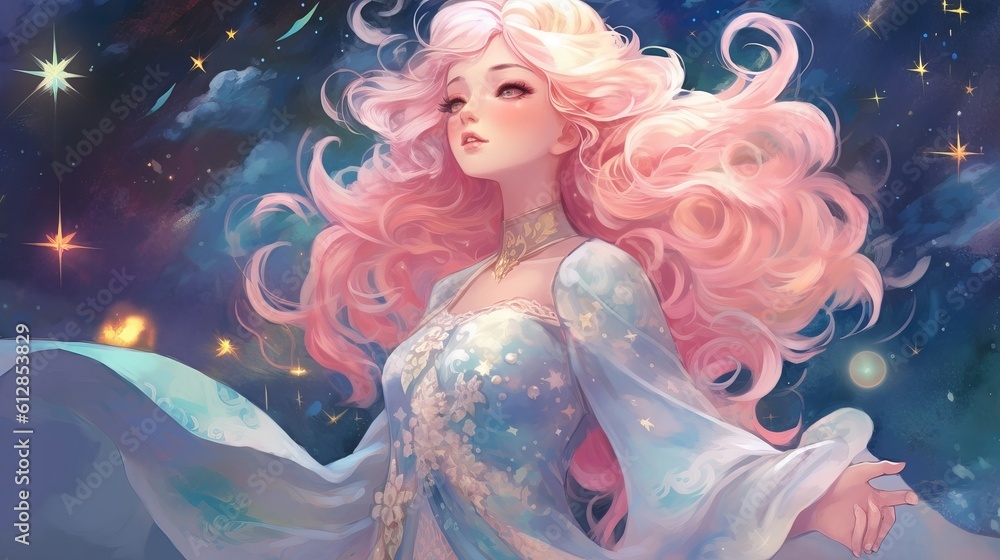 Radiant Anime Girl: Enchanting Pastel-Haired Beauty on a Dreamy Night Sky, Illustration, Watercolor Painting - Fairy with Magic Wand, Generative AI Radiant Anime Girl: Enchanting Pastel-Haired Beauty on a Dreamy Night Sky, Illustration, Watercolor Painting - Fairy with Magic Wand, Generative AI