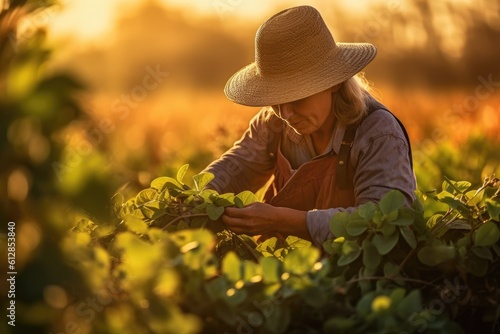 Photo of a hardworking farm laborer in a sunlit field, tending to the crops.  Generative AI © Mustafa