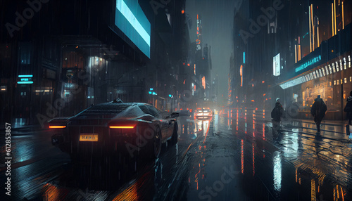 Cyberpunk city rainy futuristic scene Ai generated image