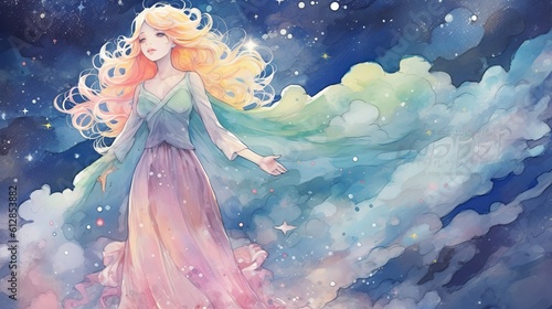 Fairy with Magic Wand and Stars - Enchanting Anime Girl with Pastel-Colored Hair on Cloud in Dreamy Night Sky, Generative AI