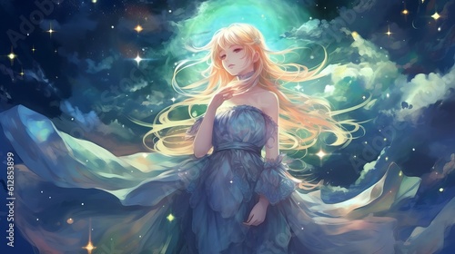 Enchanting Anime Girl with Pastel-Colored Hair on Fluffy Cloud in Dreamy Night Sky - Magic Fairy with Magic Wand and Stars, Generative AI