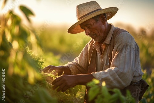 Photo of a hardworking farm laborer in a sunlit field, tending to the crops. Generative AI
