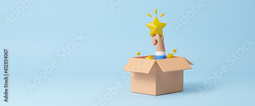 Tableau sur toile 3D cartoon Hand holding star, paying extra bonus money to employee, special gift more salary or premium payment for high performance worker concept