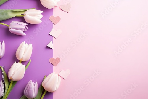 Bouquet of white tulips and hearts on a pink background. Mother Day background