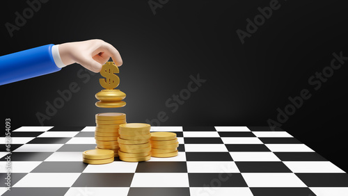 Money chess game on chessboard, power of the money strategies concept. Financial growth, business finance wealth and success concept. Strategy investment. Copy space. 3d rendering illustration