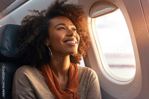 A photo of a joyful woman seated by the window on an airplane. Travel Concept. Generative AI