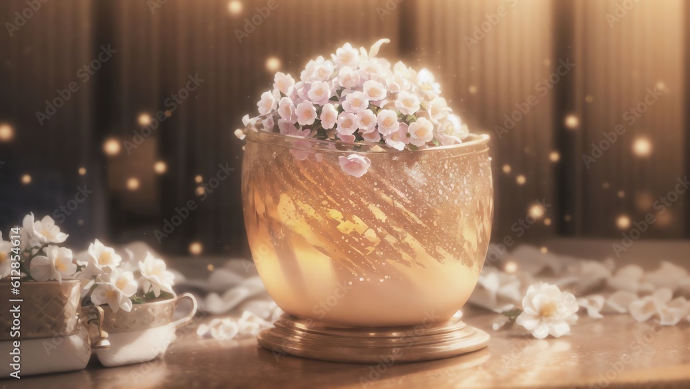 Minimal 3d Podium With Cotton Flowers On Orange Background. Generative AI Minimal 3d Podium With Cotton Flowers On Orange Background. Generative AI