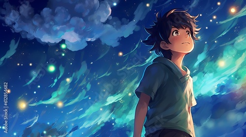 Cute Boy in the Night Sky - Dreamy Anime-Inspired HD Wallpaper: A Boy's Magical Journey, Generative AI