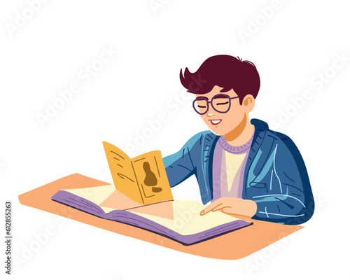 Nerd boy sitting at the table with a book, back to school, homeschooling, flat style vector illustration.