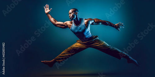 Athletic man jumping in dynamic pose, floating, midair, dance, blue background, studio portrait, wide. Generative AI