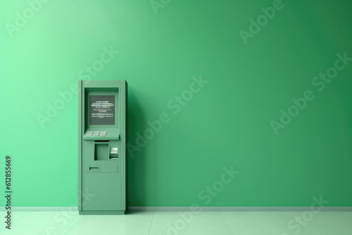 Unbranded ATM on the background of a monochrome green wall. Front view, green ATM in a minimal interior. Minimal creative concept idea. Generative AI photo imitation.