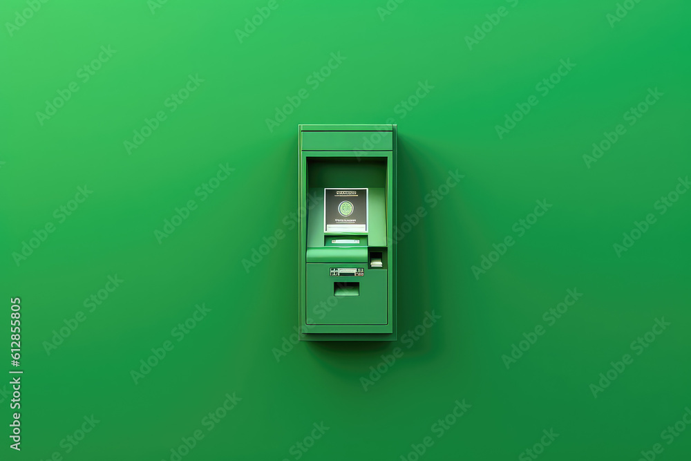 Unbranded ATM on the background of a monochrome green wall. Front view, green ATM in a minimal interior. Minimal creative concept. Generative AI photo imitation. Unbranded ATM on the background of a monochrome green wall. Front view, green ATM in a minimal interior. Minimal creative concept. Generative AI photo imitation.