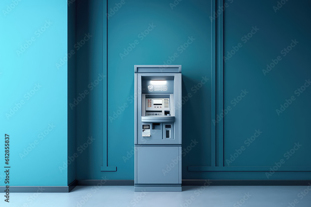 Unbranded ATM on the background of a monochrome blue wall. Front view, blue ATM in a minimal interior. Minimal creative concept style. Generative AI photo imitation. Unbranded ATM on the background of a monochrome blue wall. Front view, blue ATM in a minimal interior. Minimal creative concept style. Generative AI photo imitation.