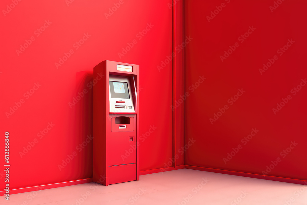 Unbranded ATM on the background of a monochrome red wall. Front view, red ATM in a minimal interior. Minimal creative idea style. Generative AI photo imitation. Unbranded ATM on the background of a monochrome red wall. Front view, red ATM in a minimal interior. Minimal creative idea style. Generative AI photo imitation.