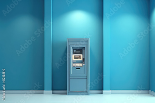 Unbranded ATM on the background of a monochrome flat blue wall. Front view, blue ATM in a minimal interior. Minimal creative concept. Generative AI photo imitation.