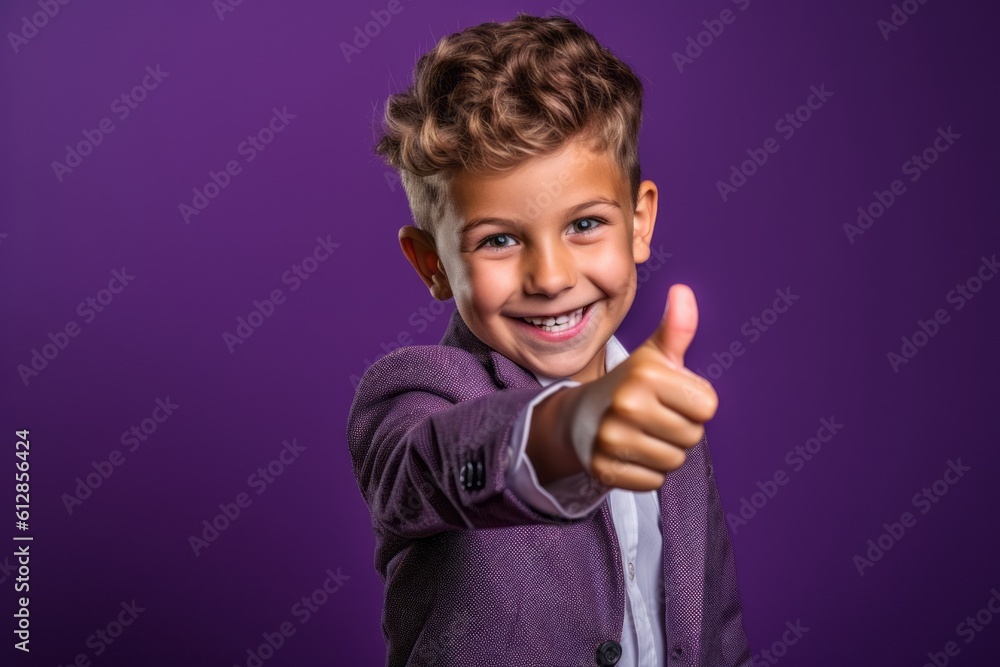 Close-up portrait photography of a happy kid male raising a finger as if having an idea against a vibrant purple background. With generative AI technology Close-up portrait photography of a happy kid male raising a finger as if having an idea against a vibrant purple background. With generative AI technology