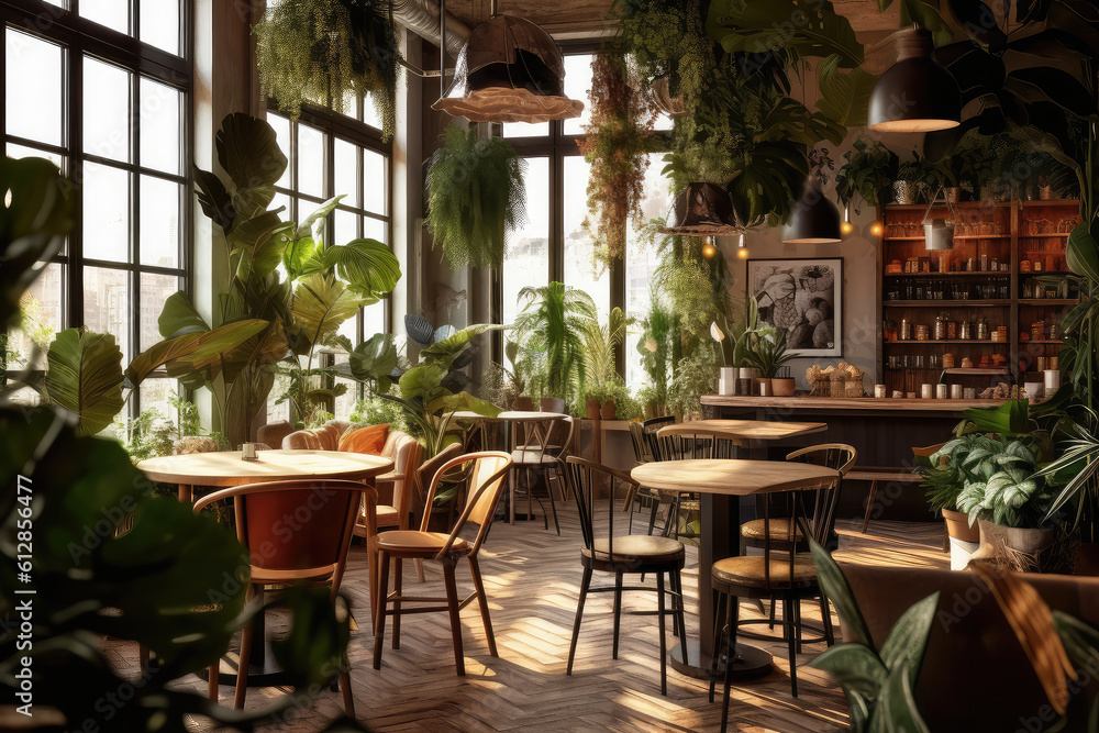 Cafe interior in botanical style with plant. Generative AI Cafe interior in botanical style with plant. Generative AI