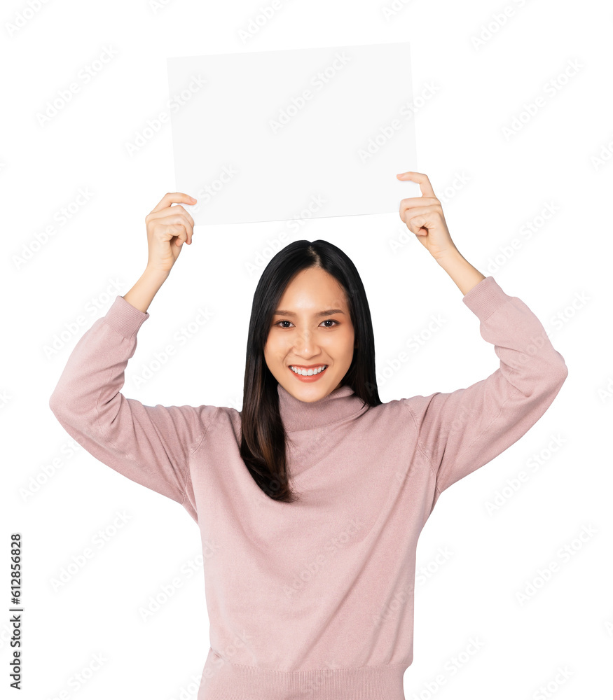 Happy young Asian woman holding a blank paper with smiling face and looking at the blue background. for advertising signs. Happy young Asian woman holding a blank paper with smiling face and looking at the blue background. for advertising signs.