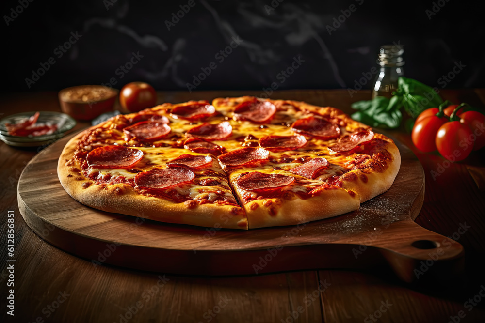 pizza de peperoni sobre tabla de madera y fondo desenfocado al estilo de la fotografia de comida oscura. Ilustración de Ia generativa