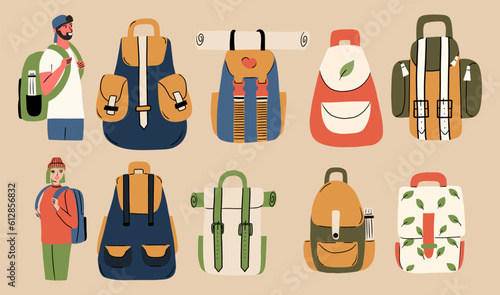 A set of different tourist backpacks and two tourists. Vector illustration in flat style