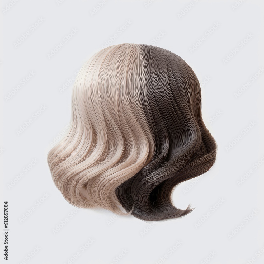 Naklejka premium Hair wig over the plastic mannequin head isolated over the white background, mockup featuring contemporary women's hairstyles, Generative AI illustration