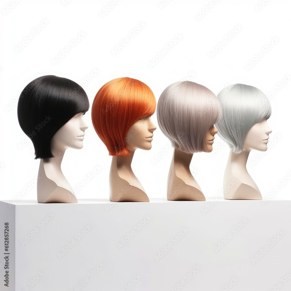 Hair wig over the plastic mannequin head isolated over the white background, mockup featuring contemporary women's hairstyles, Generative AI illustration Hair wig over the plastic mannequin head isolated over the white background, mockup featuring contemporary women's hairstyles, Generative AI illustration