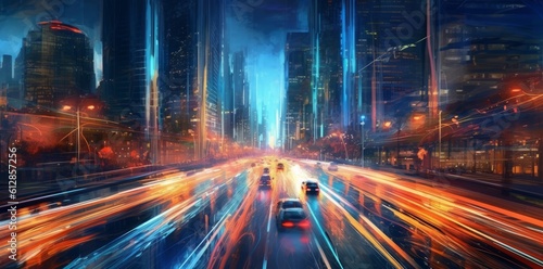 Abstract digital painting of a highway  Traffic in the city at night with motion blur and cityscape. Concept of speed  generative Ai