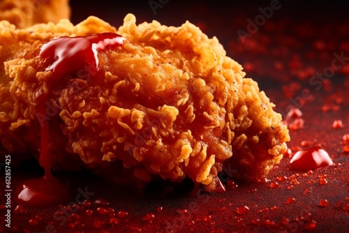 Crispy fried chicken with ketchup on dark background, closeup, generative Ai