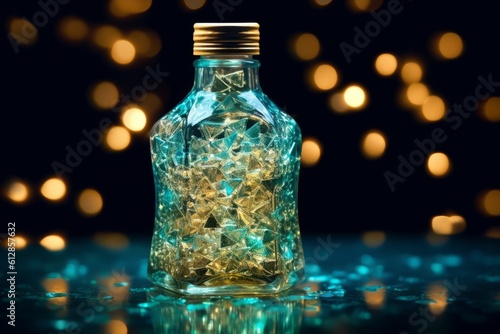 Glass bottle with ice cubes on black background with bokeh lights, generative Ai