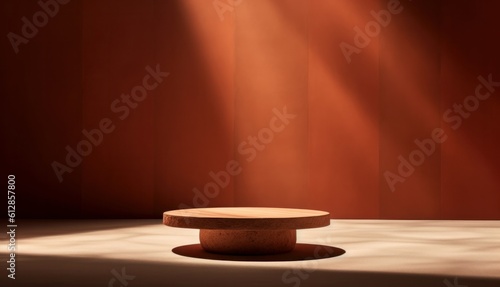 3d rendering of a podium in a room with a red wall, generative Ai