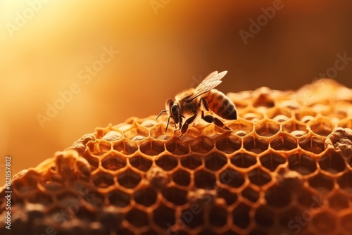 Close up view of the working bee on honeycells. Honeycomb from bee hive filled with golden honey, generative Ai © Angus.YW