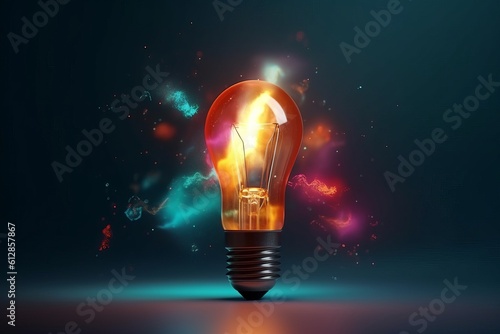 Glowing light bulb on dark background, energy concept. 3D rendering, generative Ai