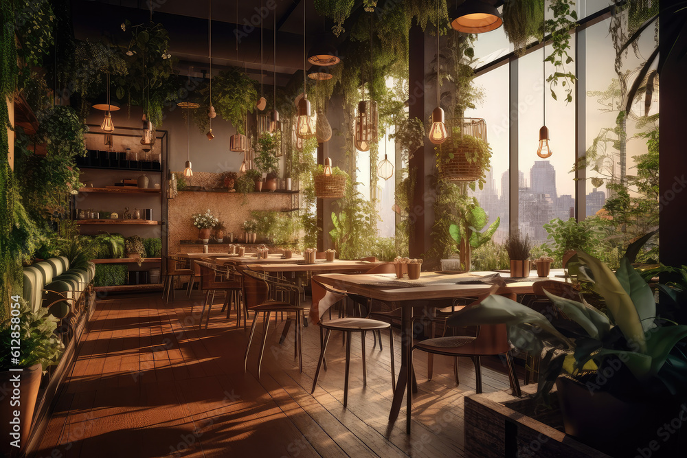 Cafe interior in botanical style with plant. Generative AI