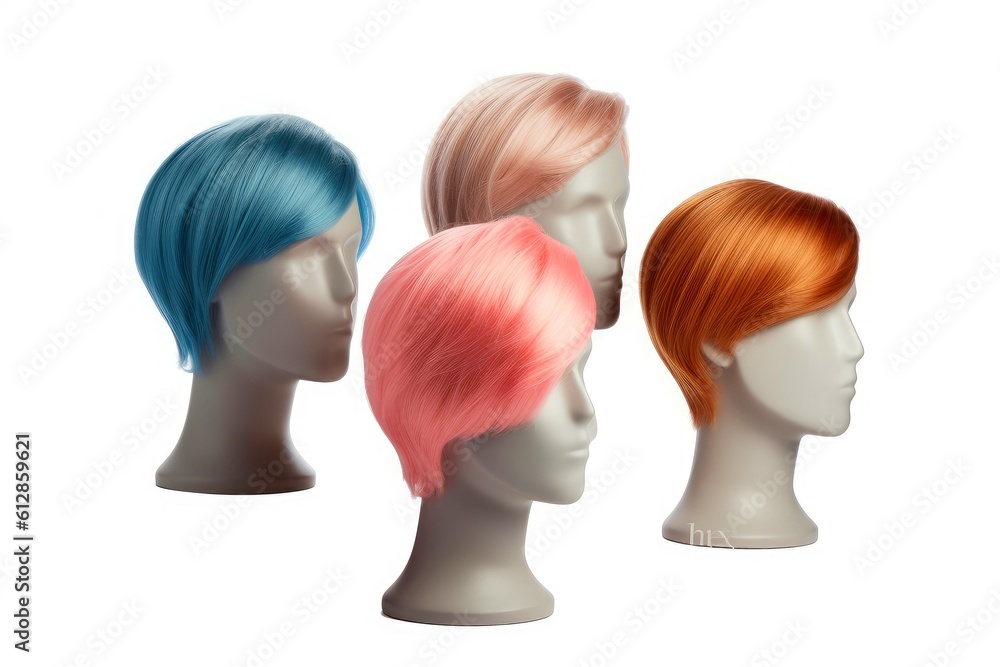 Hair wig over the plastic mannequin head isolated over the white background, mockup featuring contemporary men's hairstyles, Generative AI illustration Hair wig over the plastic mannequin head isolated over the white background, mockup featuring contemporary men's hairstyles, Generative AI illustration