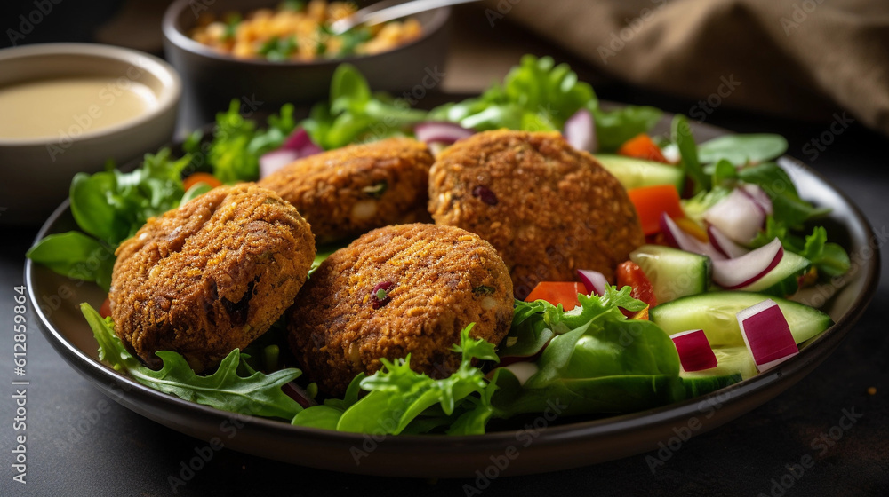 A plate of crispy baked falafel served with a side of hummus and a fresh salad