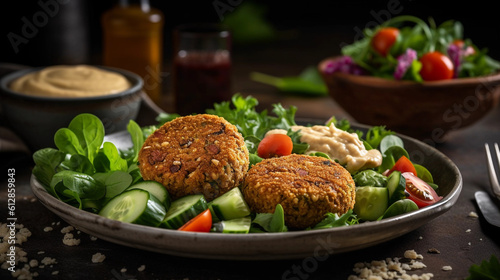A plate of crispy baked falafel served with a side of hummus and a fresh salad