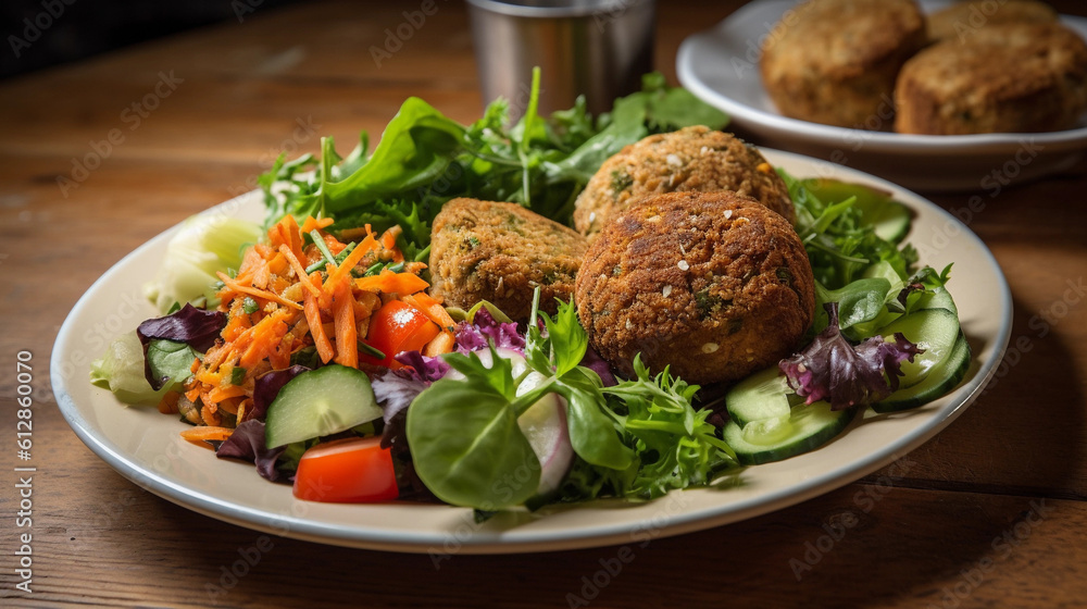 A plate of crispy baked falafel served with a side of hummus and a fresh salad A plate of crispy baked falafel served with a side of hummus and a fresh salad