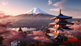 Mount Fuji and Chureito pagoda at sunset, japan in the spring with cherry blossoms. Mountain Fuji. Generetive Ai