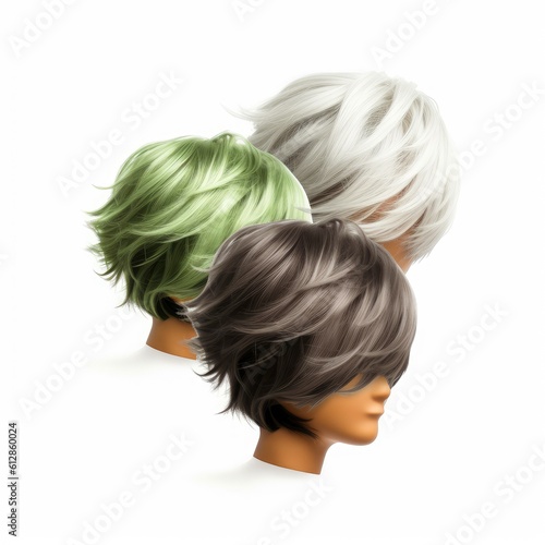 Hair wig over the plastic mannequin head isolated over the white background, mockup featuring contemporary men's hairstyles, Generative AI illustration