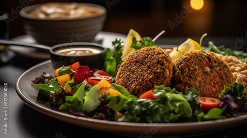 A plate of crispy baked falafel served with a side of hummus and a fresh salad