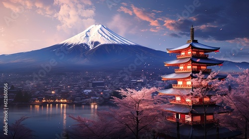 Mount Fuji and Chureito pagoda at sunset, japan in the spring with cherry blossoms. Mountain Fuji. Generetive Ai