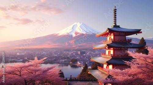 Fotografiet Mount Fuji and Chureito pagoda at sunset, japan in the spring with cherry blossoms