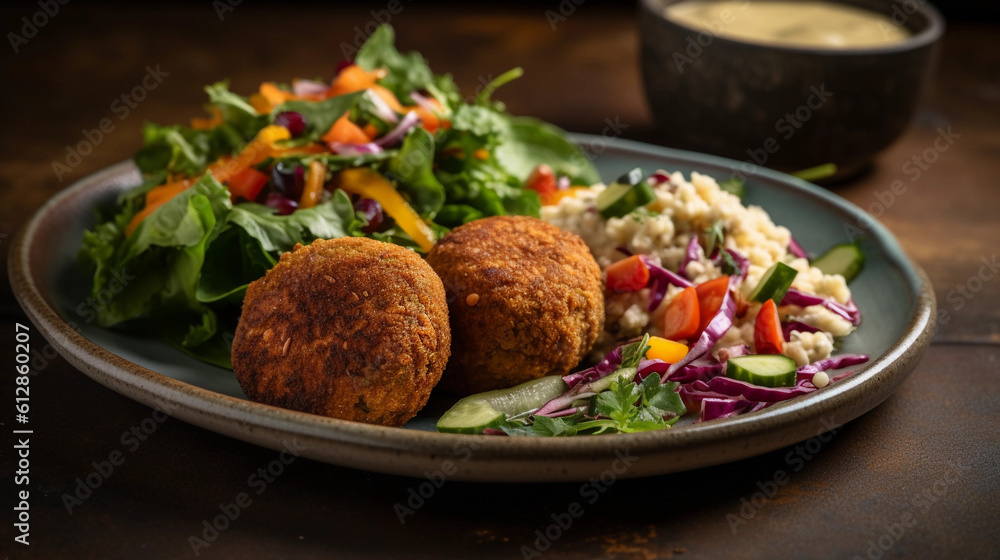 A plate of crispy baked falafel served with a side of hummus and a fresh salad A plate of crispy baked falafel served with a side of hummus and a fresh salad