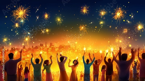 Happy indian family celebrating Diwali festival, Generative Ai