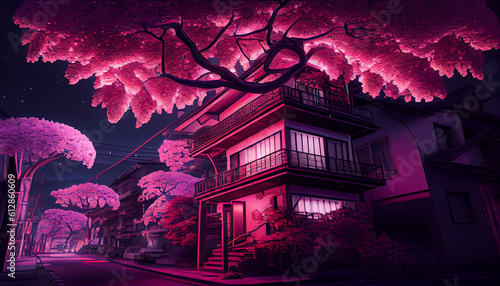 Fantasy Japanese night view city citycape neon sakura tree Ai generated image
