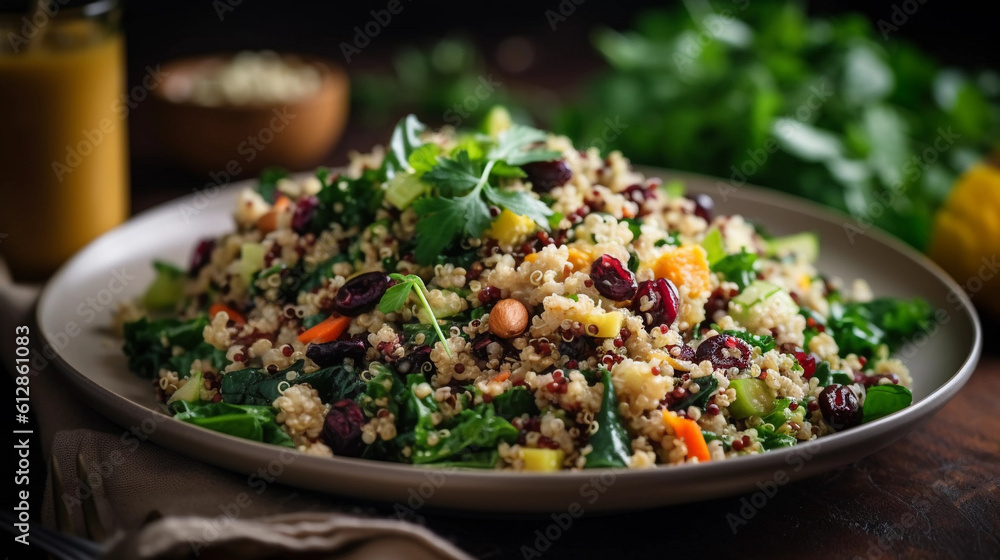 A plate of nutritious quinoa salad with mixed greens, roasted vegetables, and a zesty lemon vinaigrette