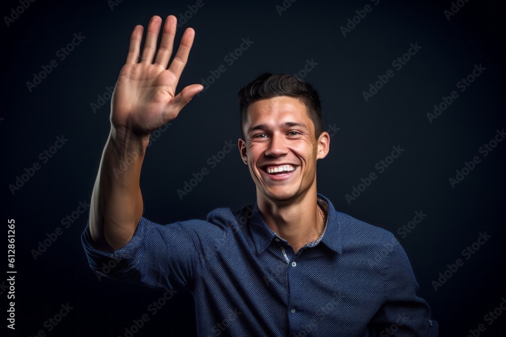 Headshot portrait photography of a happy boy in his 30s waving with the hand against a navy blue background. With generative AI technology