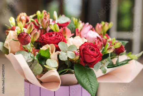 Beautiful spring bouquet with pink and white tender flowers