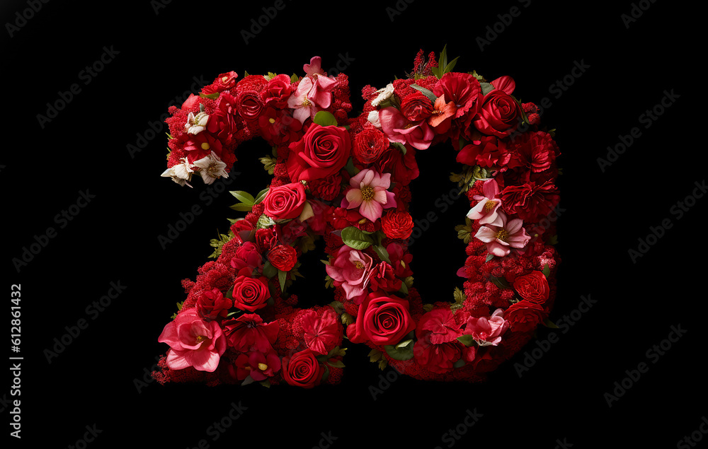 Number 20 is written in red flowers on black background Number 20 is written in red flowers on black background