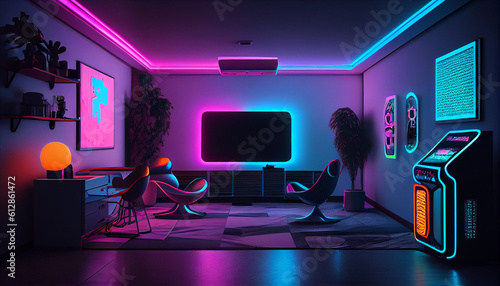 Interior of colorful modern gaming room with neon lighting Ai generated image